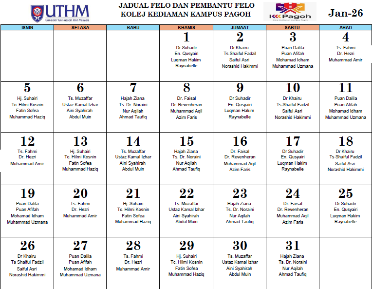 JADUAL BERTUGAS FELO JAN 2026